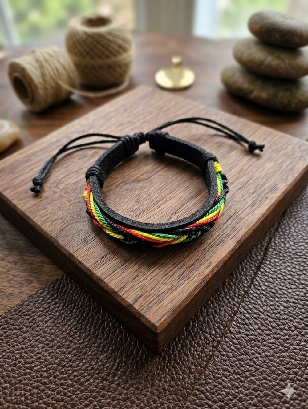 Black Adjustable Leather Bracelet with Red, Yellow & Green Braids